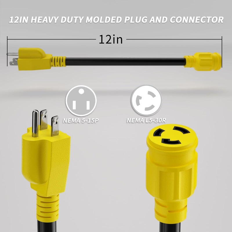 PlugSaf 3 Prong 15 Amp to 30 Amp RV Generator Adapter Cord, NEMA 5-15 Male Plug to NEMA L5-30 Female Plug, 12 Inch(1 FT) 10 Gauge STW Heavy Duty Power Cord, Max 15A 125V 1875W, Yellow, ETL Listed - Image 2
